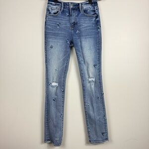 DRIFTWOOD Audrey Jeans 25 Floral Embroidered High Rise Light Blue Skinny Denim